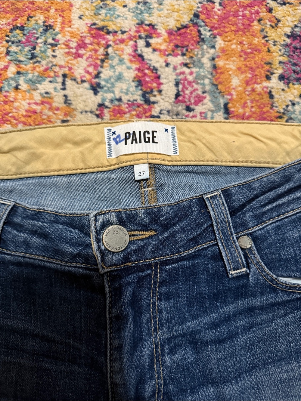 PAIGE Dark Blue Denim Jeans with Yellow Waistband Detail